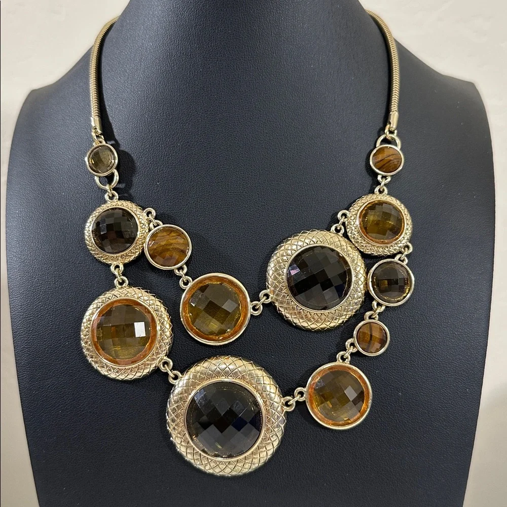 Liz Claiborne Vintage 1990’s Gold Tone Statement Necklace With Faucet Cabochons
